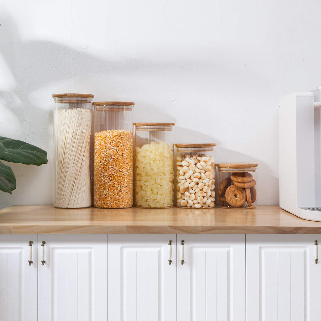 Glass Food Storage Containers, Food Jars with Bamboo Wooden Lids - Set of 5