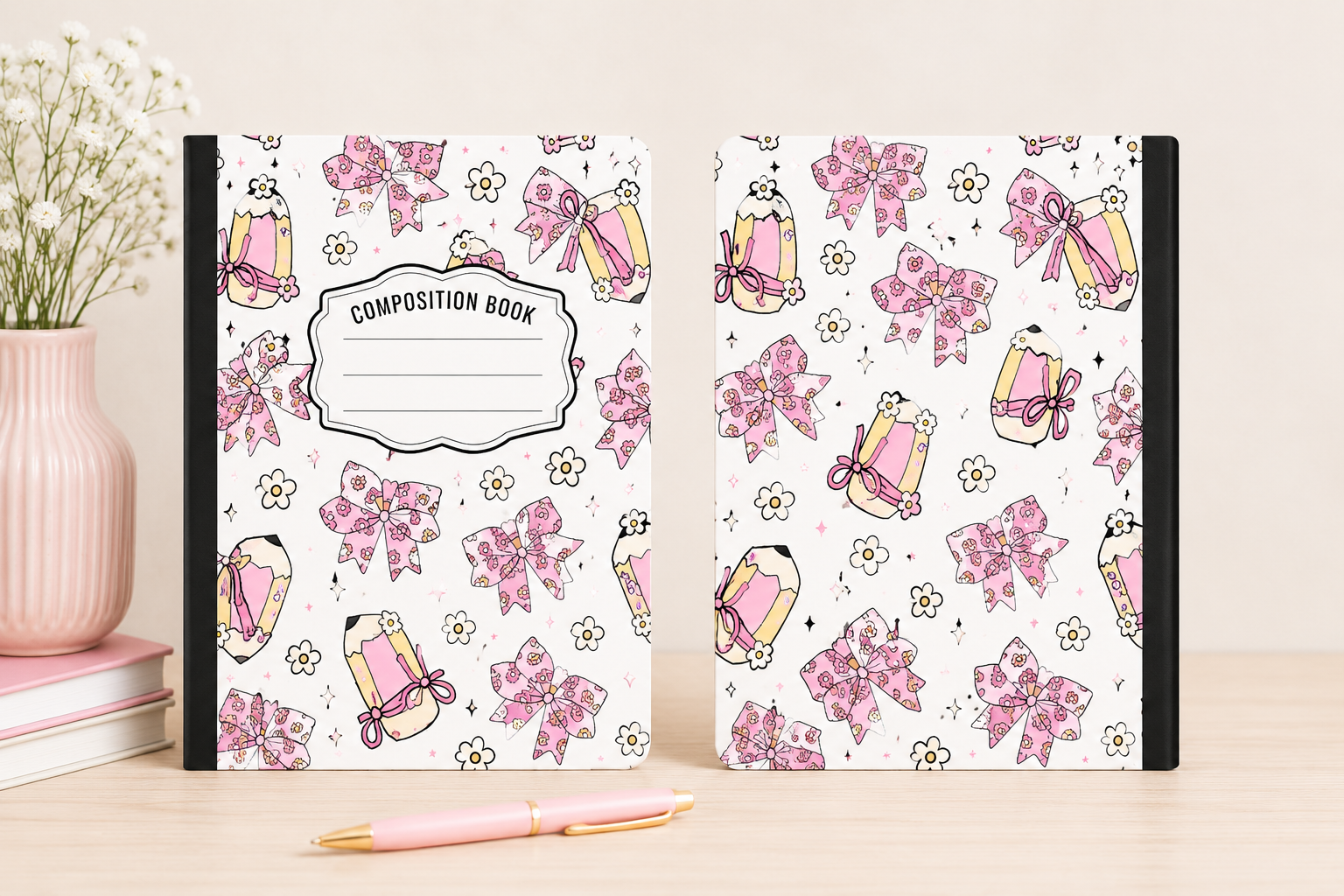 🎀Pink Floral Bow & Pencil Hardcover Composition Notebook